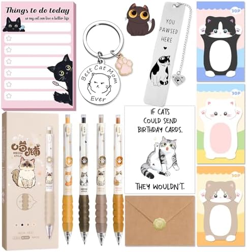Cat Gifts for Cat Lovers, Cat Gifts for Women, Including Cartoon Sticky Notepad Ballpoint Pen Sticky Notes Greeting Card Greeting Card Keychain Bookmark