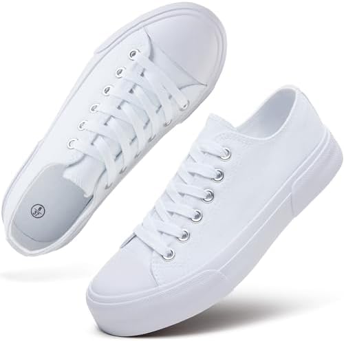 hash bubbie White Sneakers for Women Low Top Canvas Shoes Womens Canvas Sneakers Women&#39;s Fashion Sneakers Slip on Casual Tennis Shoes