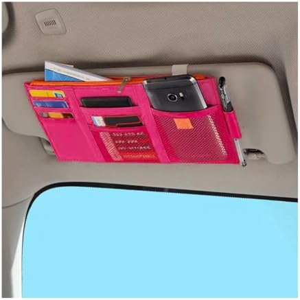 Suvnie Car Sun Visor Organizer, Auto Interior Visor Storage Pouch Holder with Zipper, Multi-Pocket Net Personal Belonging Organizer, Universal Car Accessory for Cards, Documents (Rose Red)