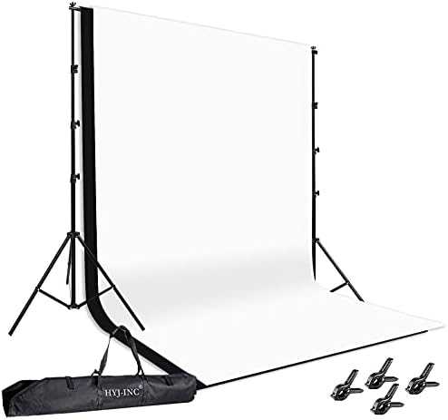 HYJ-INC Photo Background Support System with 8.5 x 10ft Backdrop Stand Kit, 100% Cotton Muslin Backdrop (White Black),Clamp, Carry Bag for Photography Video Studio