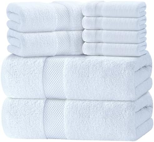 Luxury White Bath Towel Set of 8 Pieces - 100% Turkish Cotton 700 GSM Highly Absorbent Towels for Bathroom, 2 Bath Towels, 2 Hand Towels, 4 Washcloths