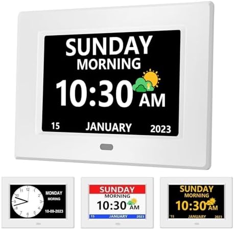 MRCHYDZ 7 Inch Clock with Day and Date for Elderly Large Display Digital Clocks 12 Alarm 3 Display Modes Large Font Alzheimer&#39;s Clock Alarm Clocks for Seniors Auto DST White