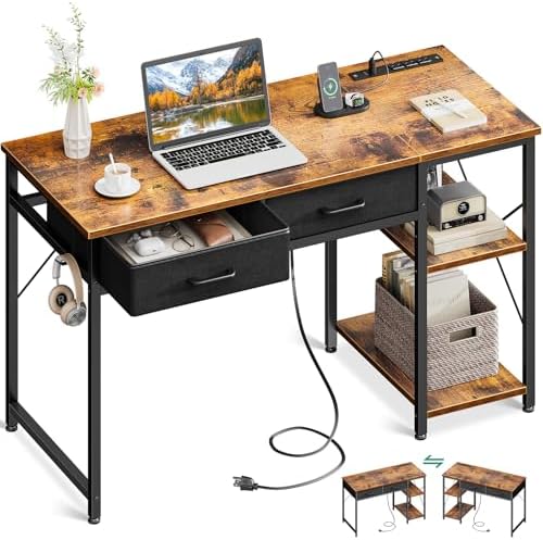 Coleshome Laptop Desk, 40 Inch Small Desk with Drawers &amp; Power Outlet for Bedroom, Computer Desk Home Office Desk with Storage Shelves, Reversible Study Table for Small Spaces, Rustic Brown