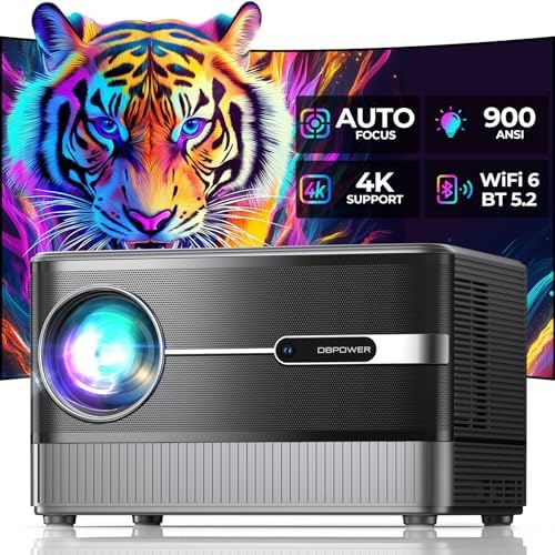 [Auto Focus\/5&#34; LCD] Outdoor Projector 4K with WiFi 6 and Bluetooth, DBPOWER 900 ANSI Native 1080P Portable Projector, Auto Keystone &amp; Zoom, Sealed Engine, Movie Projector for iOS\/Android\/TV