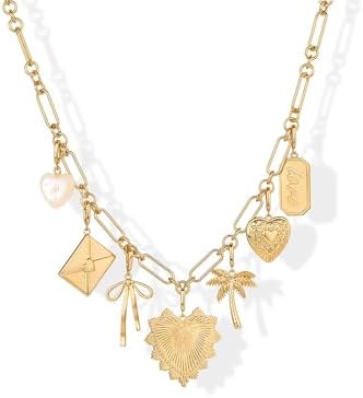 PAVOI 14K Gold Plated Thick Charm Necklace Women's Personalized Paper Clip Chain Necklace with Jewelry Heart shaped Palm Tree Bow Love Friendship Necklace