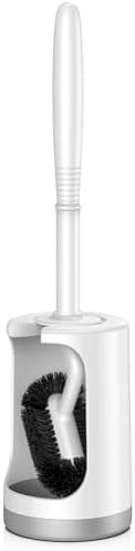 HAMITOR Toilet Bowl Brush Holder Set: Curved Design with Holder for Deep Cleaning Under Rim - Compact Hidden Scrubber for Small Space - Modern RV Bathroom Accessories - White
