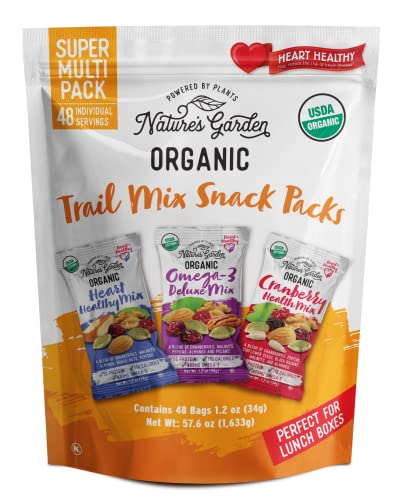 Nature&#39;s Garden Organic Trail Mix Snack Packs - Trail Mix Variety, Energy Boosting, Heart Healthy, Omega-3 Rich, Cranberries, Pumpkin Seeds, Individual Packs, Family - 1.2 Oz Bags (48 Individual S