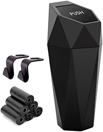 Car Trash Can Cup Holder, Ginsco Mini Car Trash Can with Lid, Car Accessories for Interior, Leakproof Small Trash Cup for Car, Home, Office, Bedroom with Additional 2 Hooks and 90pcs Trash Bags Black