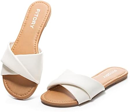 FITORY Women&#39;s Flat Sandals Fashion Slides With Soft Leather Slippers for Summer Size 6-11