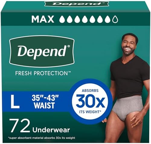 Depend Fresh Protection Adult Incontinence Underwear for Men, Disposable, Maximum, Large, Grey, 72 Count (2 Packs of 36), Packaging May Vary