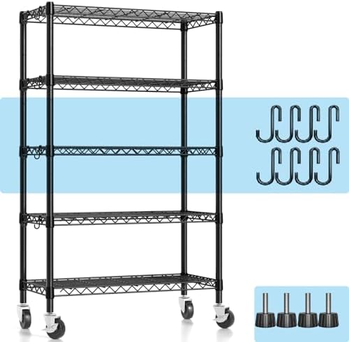 Hodonas Wire Shelving, 1900lbs Capacity 5 Tier Heavy Duty NSF Wire Shelf with Rolling Wheels Black Metal Storage Shelves Adjustable Wire Rack Unit 36&#34;W x 14&#34;D x 72&#34;H for Kitchen Bathroom G