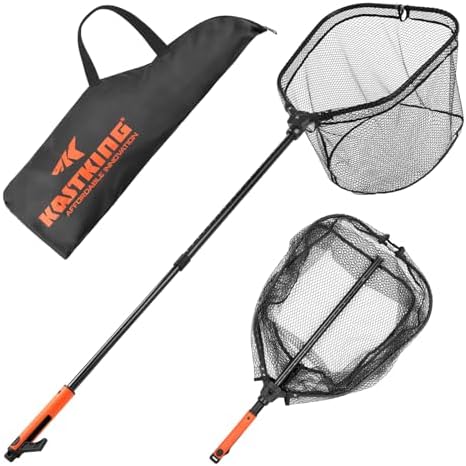 KastKing Brutus Folding Landing Net with Boat Hook, Foldable, Extendable, Lightweight &amp; Strong, Multi-Functional Built-in Boat Hook, Non-Slip &amp; Bright Orange TPR Handle, Two Nets Options