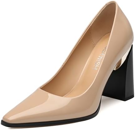 ROSERWISH High Chunky Block Heels for Women, Closed Pointed Toe Slip-On Pumps, Retro Vintage Style, 3.5&#34; Comfortable Dress Shoes for Party, Work, Office, Prom &amp; Wedding