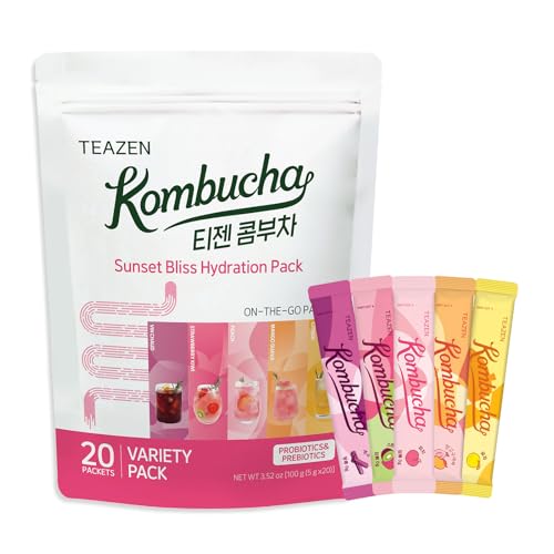 TEAZEN Kombucha Tea Sunset Bliss Hydration Variety Pack - 20 Sticks, 5 Flavors (Peach, Mango-Guava, Strawberry-Kiwi, Citron, Mulled Wine)