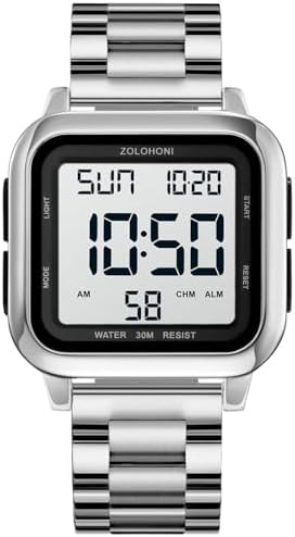 zolohoni Men\u2019s Digital Watch for Men, Stainless Steel Square Watches, Mens Wrist Watches Waterproof Large Face Dual Time Date Watch