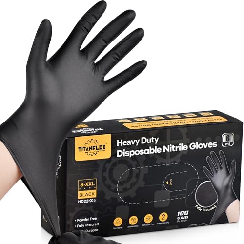 TitanFlex Durable Black Disposable Nitrile Gloves, 100 Pack, 6 Mil, Full Texture, Powder Free, Latex Free, Aseptic