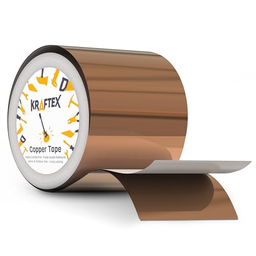Kraftex Copper Tape [2 Inch x 33ft]. Conductive Adhesive use as Copper Tape for Slugs, Copper Shielding Tape for Guitars, Faraday Tape or Copper Flashing roll.