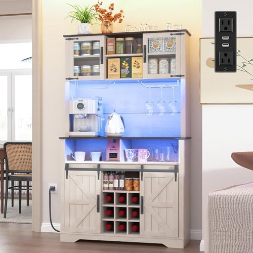 GlouMod Farmhouse Coffee Bar Cabinet with Sliding Barn Door, Buffet Cabinet with Hutch, Kitchen Pantry Cabinet with Power Outlet &amp; Lighting, Tall Liquor Chest for Home Dining Room, White
