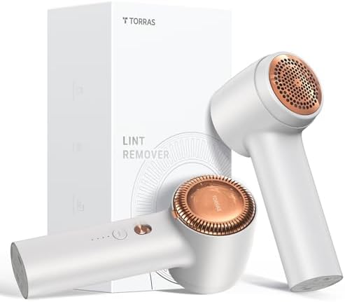 TORRAS Fabric Shaver Lint Remover, Rechargeable Electric 3-Speed Sweater Shaver Remove Fuzz, Pilling for Cashmere, Wool, Coat, Furniture, Clothes depiller with Replacement Blades, Pearl White
