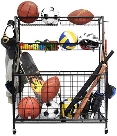 Kinghouse Sport Equipment Organizer for Garage, Steel Basketball Rack with Baseball Bat Holder and Hooks, Easy Assembly Storage for Balls, Kids&#39; Toys, and Workout Gear in Basement, Home Gym, Outdo