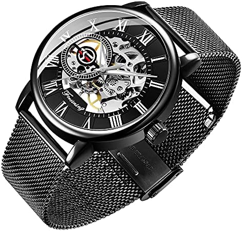 Dentily Men&#39;s Skeleton Watch Classic Roman Numeral Steampunk Mechanical Watch Hand-Wind Mens Watches (Blue)