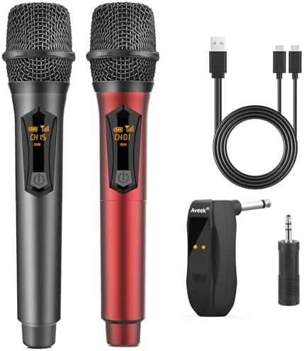 Aveek Wireless Microphone for Karaoke, 2.4GHz Rechargeable Karaoke Microphone(Work 10hs), for Speaker, Karaoke Machine,Church, Speech, Wedding, Party Singing, Grey&amp;Red, 2 Packs