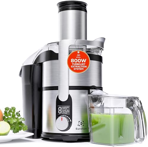 Eurolux 800W Premium Centrifugal Juicer for Whole Fruits and Vegetables \u2013 TurboJet Extraction System \u2013 5-Speed Dial with Digital Display \u2013 Wide 3\u201D Feed Chute \u2013 Easy to Clean \