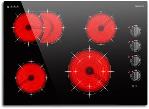 Karinear Electric Cooktop 30 Inch, 4 Burners Electric Stove Top, Drop-in Knob Control 30&#34; Radiant Ceramic Cooktop, Expandable Burner, 9 Power Level, Residual Heat Indicator, 6700W 220V, No Plug