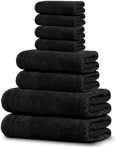 Tens Towels Pack of 8 Towels Set, 2 Extra Large Bath, 2 Hand, 4 Washcloths, 100% Cotton, Lighter Weight, Quicker to Dry, Super Absorbent, Perfect for Bathroom, Black
