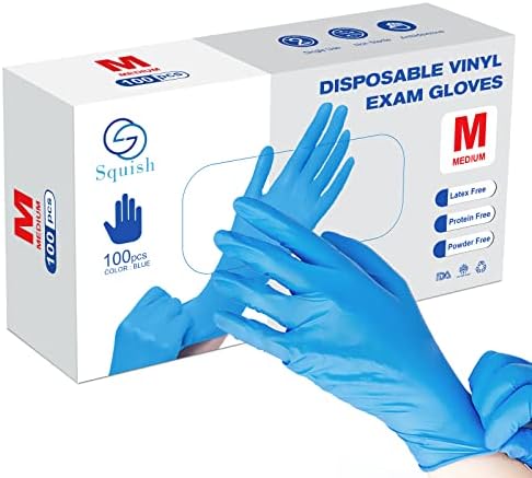 squish Disposable Gloves, Blue 4 mil Vinyl Synmax Blend Exam Gloves Non Sterile, Powder Free, Latex Free - Cleaning Supplies, Kitchen and Food Safe(Pack of 100) (Blue Medium)