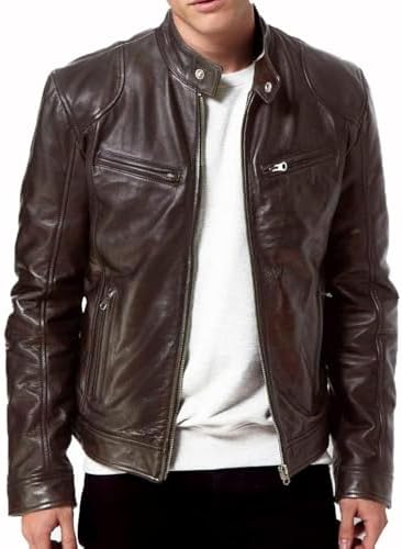 DECIMAL Men&#39;s Black Genuine Lambskin Leather Biker Jacket VINTAGE REAL BROWN MOTORCYCLE JACKETS FOR MEN