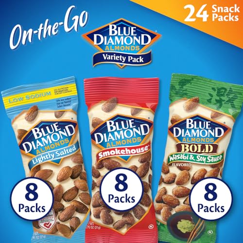 Blue Diamond Almonds Snack Nut Variety Pack for Kids, Office, School, On-the-go, 0.75 oz Gluten Free Individual Packs, Wasabi &amp; Soy Sauce, Lightly Salted, and Smokehouse (Pack of 1,24 Count Total)