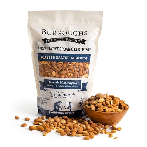 Burroughs Family Farms 3 lb Roasted Salted Almonds \u2013 USDA Organic, First Regenerative Organic Certified Almond Farm \u2013 2x the Antioxidants and Vitamin B Versus Other Almonds \u2013 Lightly Sa