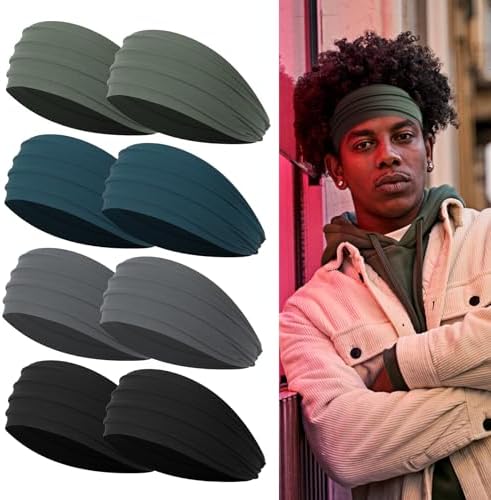 Rheytew Wide Headbands for Men, Men\u2019s Headbands for Long Hair, Head Bands for Men for Workout, Running, Baseball, Football, Tennis, Basketball, Softball, 8 Pieces