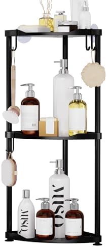 SWTYMIKI Corner Shower Caddy Standing - 3 Tier Stainless Steel Shower Organizer Stand, Large Capacity Floor Shelf with 4 Hooks, Rustproof Bathroom Storage Rack, Black