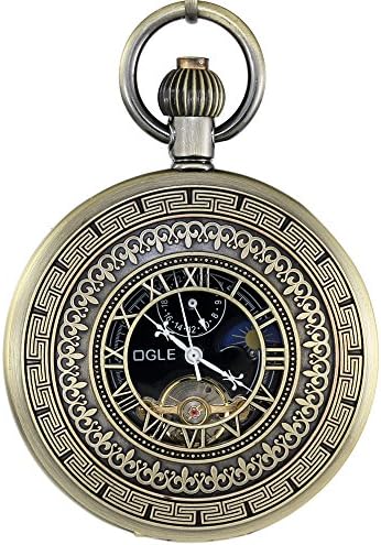 OGLE Waterproof Bronze Black Tourbillon Phases Moon Chain Fob Skeleton Automatic Mechanical Pocket Watch