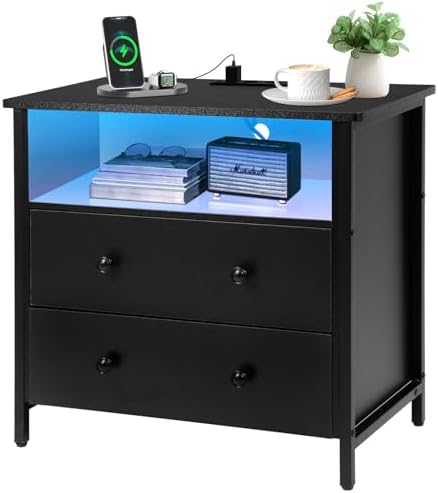 Tykacna 27 Inch Wide Night Stand, Large Wood Night Stand with 2 Drawer, LED Nightstand with Charging Station and Adjustable Drawer, Bedside Table for Living Room\/Bedroom\/Study\/Office, Black.