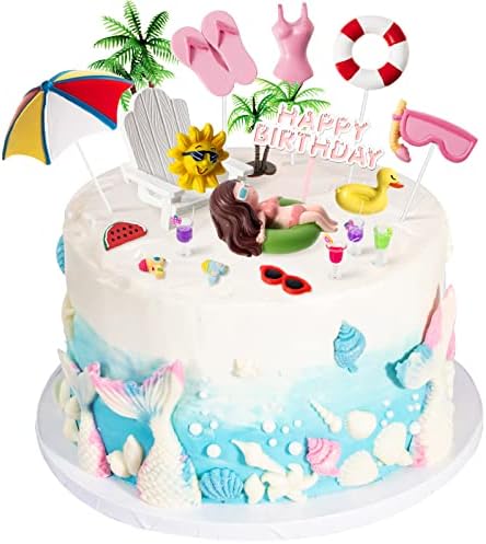 Junkin 21 Pcs Beach Cake Decorations Summer Pool Cake Topper Summer Birthday Decorations Coconut Tree Chair Umbrella Watermelon Sun for Pool Beach Party Birthday Supplies(Girl)