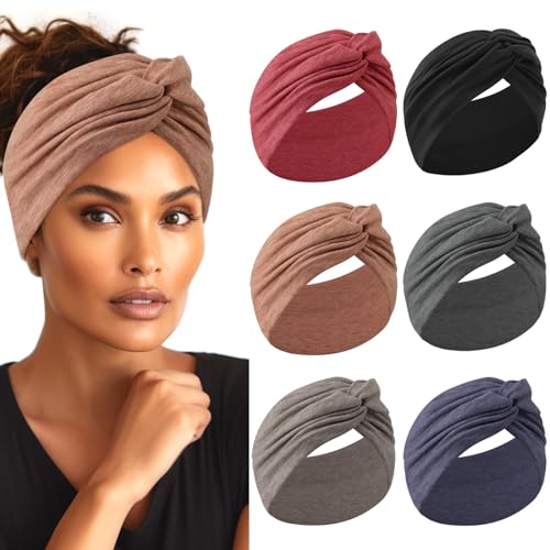 Extra Wide Headbands for Women, 7&#39;&#39; Large Cotton Like Turban Knotted Bandana Head Bands for Women Non Slip, Boho Headbands for Women&#39;s Hair (6Pcs Dark Colors, Extra Large 7&#34; Wide)