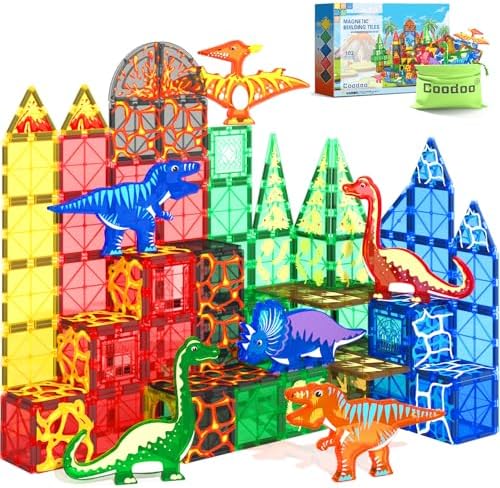 102PCS Dinosaur Toys Magnetic Tiles with 8 Dinosaurs - Jurassic Scenes Dinosaur World Adventure Set, Magnetic Blocks Kids Toys for Boys &amp; Girls Ages 3+, Sensory Toddler Creative Kids Games Gifts