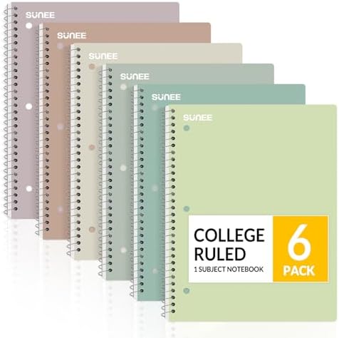 SUNEE Spiral Notebook, 6-piece set, 1 subject, university grid paper, 20.32cm x 26.75cm, 70 sheets per book, spiral notebooks in various aesthetic colors, suitable for schools
