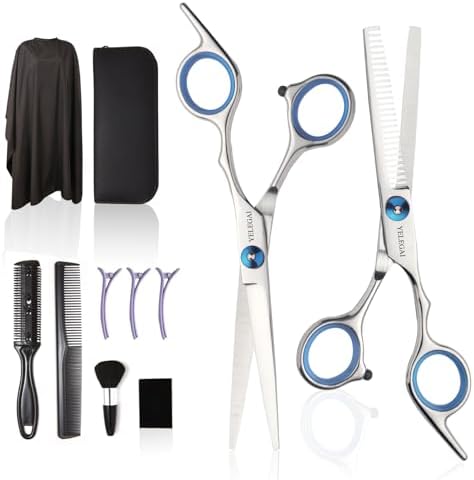 Haircut Scissors Kit, 11 Pcs Professional Set - Haircut, Thinning Scissors, Neck Duster Brush, Comb, Barber Cape, Hair Clips, Hairdressing Shears for Barber and Home