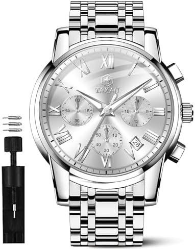 Taxau Mens Watches Luxury Multifunction Waterproof Watches for Men Big Face Analog Quartz Stainless Steel Silver Men&#39;s Wrist Watches Chronograph with Date Luminous