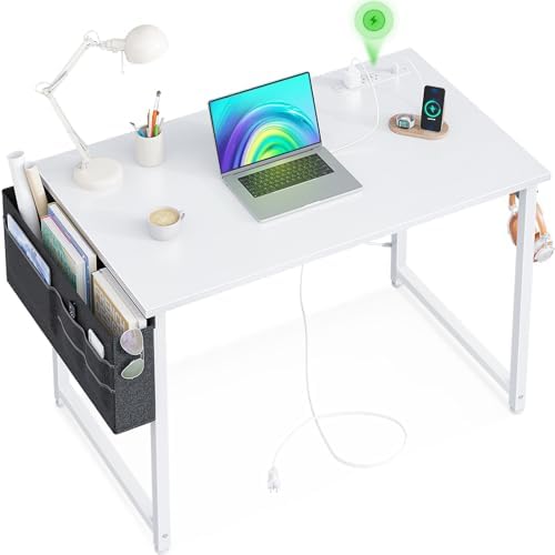 KKL Small Desk with Power Outlets and USB Port Computer Desk for Home Office Gaming Simple Modern Style Writing Desks with Storage Bag Headphone Hook, 32 inch, White