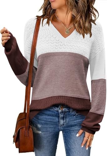 Zeagoo Womens 2025 Fall Sweaters Casual Long Sleeve Ribbed Knit Pullover V Neck Lightweight Crochet Pullover Sweater Top