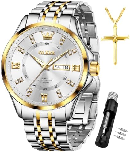 OLEVS Diamond Watches for Men,Business Dress Watch Waterproof Luminous,Male Golden Big Dial Luxury Casual Quartz Analog Watches with Day Date Calendar and Stainless Steel Band