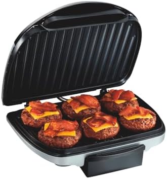 Hamilton Beach Electric Indoor Grill, 6-Serving, Large 90 sq. in. Nonstick Easy Clean Plates, Floating Hinge for Thicker Foods, 1200 Watts, 6.38&#34;D x 12.68&#34;W x 13.78&#34;H , Silver (25371)