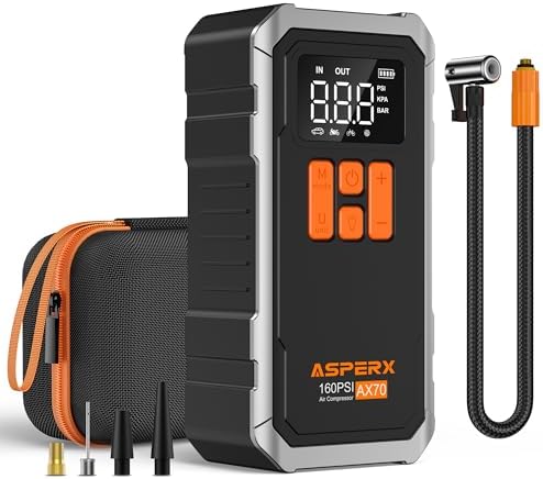 AsperX 160PSI Cordless Tire Inflator Air Compressor \u2013 Portable Rechargeable Air Pump with LCD Display, Auto Shut Off, LED Light &amp; Carrying Case  Fast Inflation for Car Tires, Bike, Motorcycle