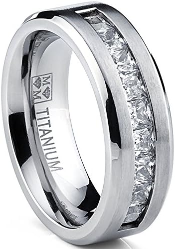 Metal Masters Titanium Men&#39;s Wedding Band Engagement Ring with 9 Large Princess Cut Cubic Zirconia