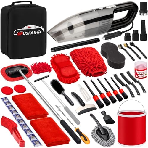 GPUSFAK 47Pcs Car Wash Cleaning Kit with High Power Handheld Vacuum Windshield Cleaning Tool with Side Mirror Squeegee Bucket Detailing Brushes Tire Brush Towels Complete Detailing Set for Car